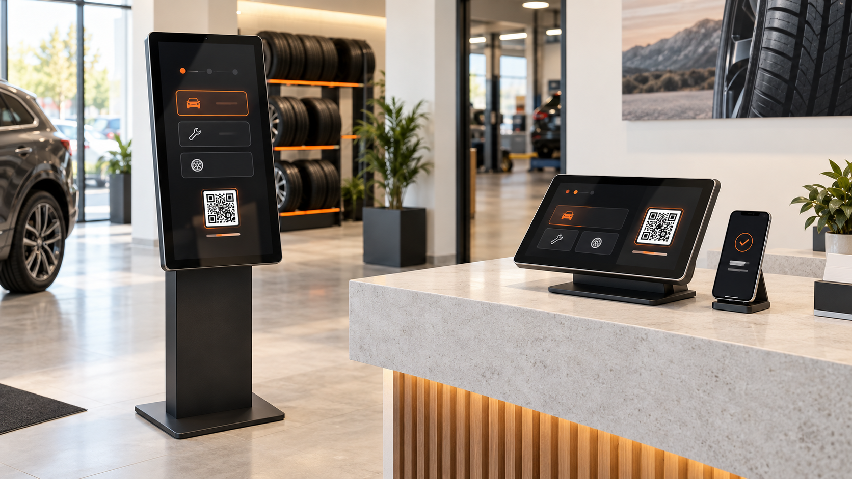 Two Ruvo customer kiosk setups with QR handoff in a modern tire shop