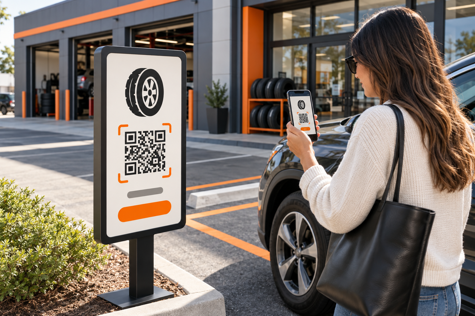 Customer scanning a Ruvo QR parking sign outside a tire shop